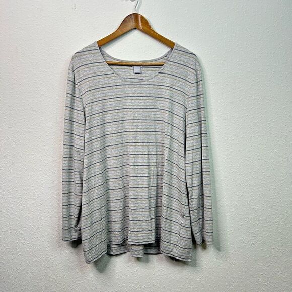 Chicos Women’s Gray Gold Shimmer Striped Long Sleeve Rayon Top Size 4 (XXL) - Picture 1 of 13